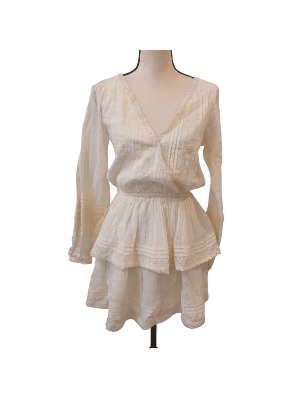 American Eagle Cream Small Long Sleeve Tiered Ruffle Dress Cowgirl w/ Lace #L-66